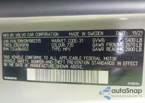 2022 Volvo Xc60 B5 Momentum z USA, uszkodzony, nr VIN YV4L12RK0N1982315